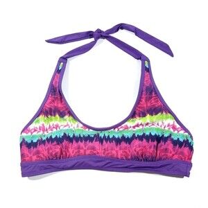 ATHLETA Scoop Neck Halter Bikini Top in Purple Tie Dye Large Boho Sporty Swim